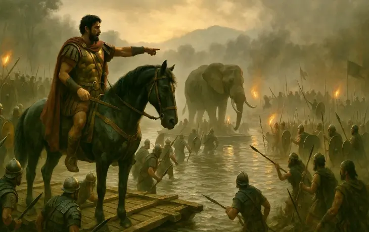 Hannibal’ın Rhone Nehri geçişinde askerlerini yönlendirdiği sahne; sallar üzerindeki Kartacalı birlikler, nehirde ilerleyen savaş fillerinin silueti ve sisli savaş ortamı.